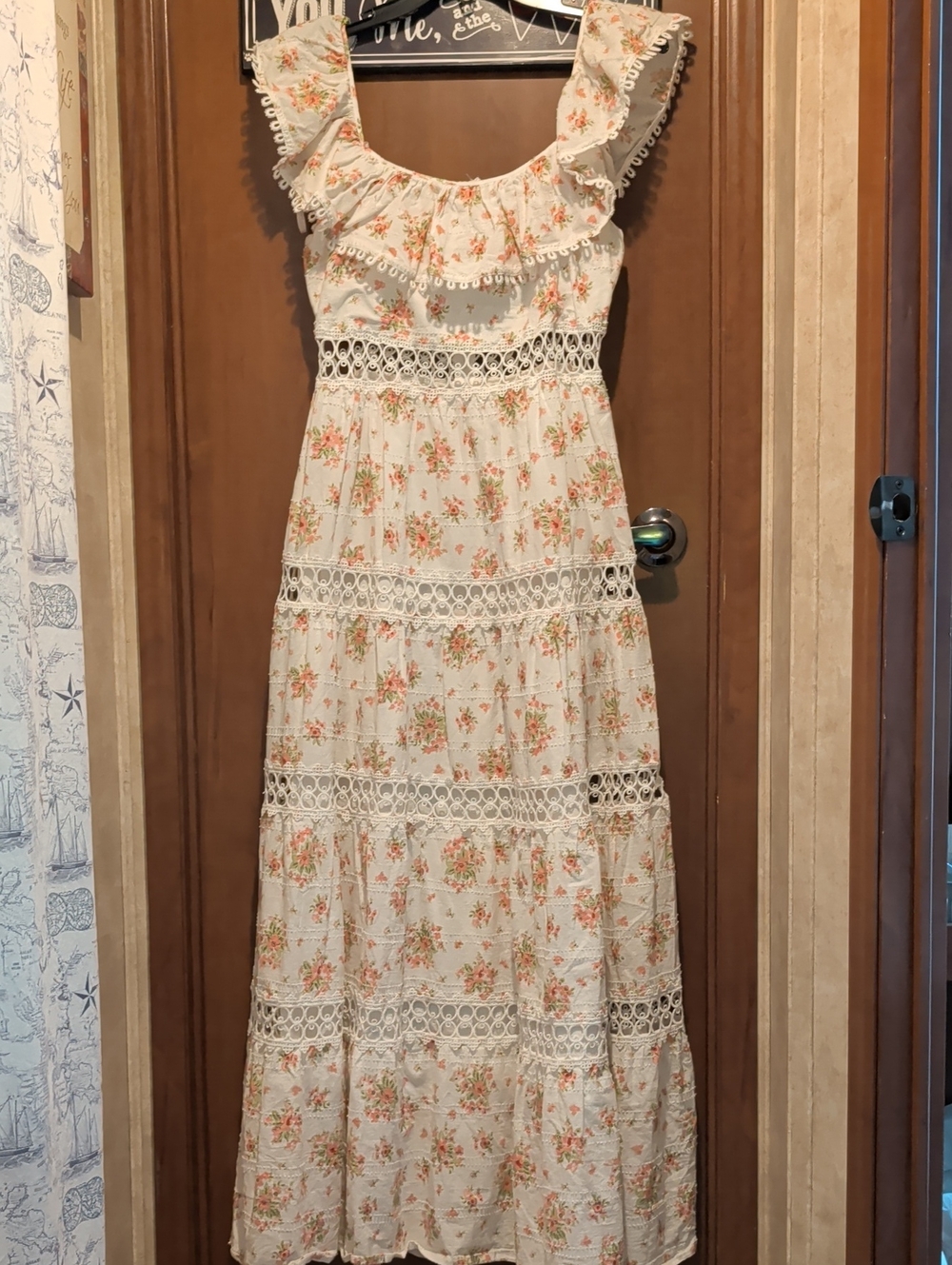 Just Me Cream Floral Maxi Cotton Dress with Pink & Green Accents